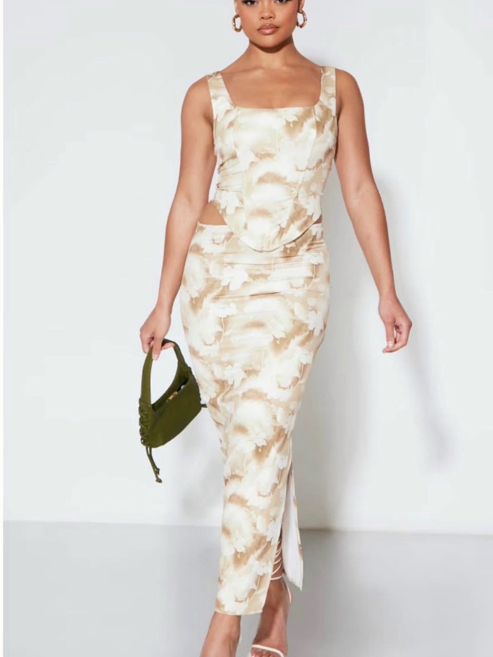 Prettylittlething Beige Marble-Print Midi Skirt & Top (Set) - Women